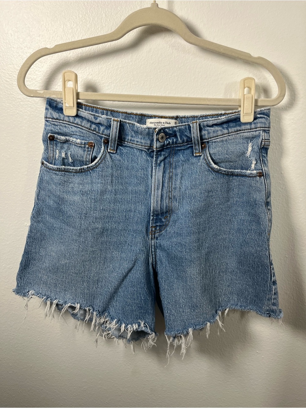 Abercrombie & Fitch SIZE 29/8 Light Blue Denim Frayed Hem Shorts 4 1/2” inseam - Picture 2 of 9